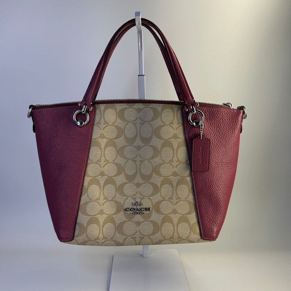 Coach Kacey Satchel Khaki Wine Signature Canvas‎ Leather Handbag Excellent